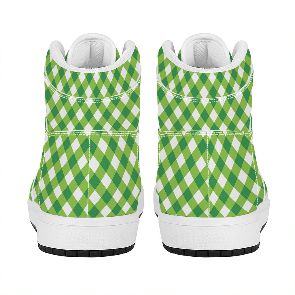 Shamrock Green And White Gingham Print High Top Leather Sneakers
