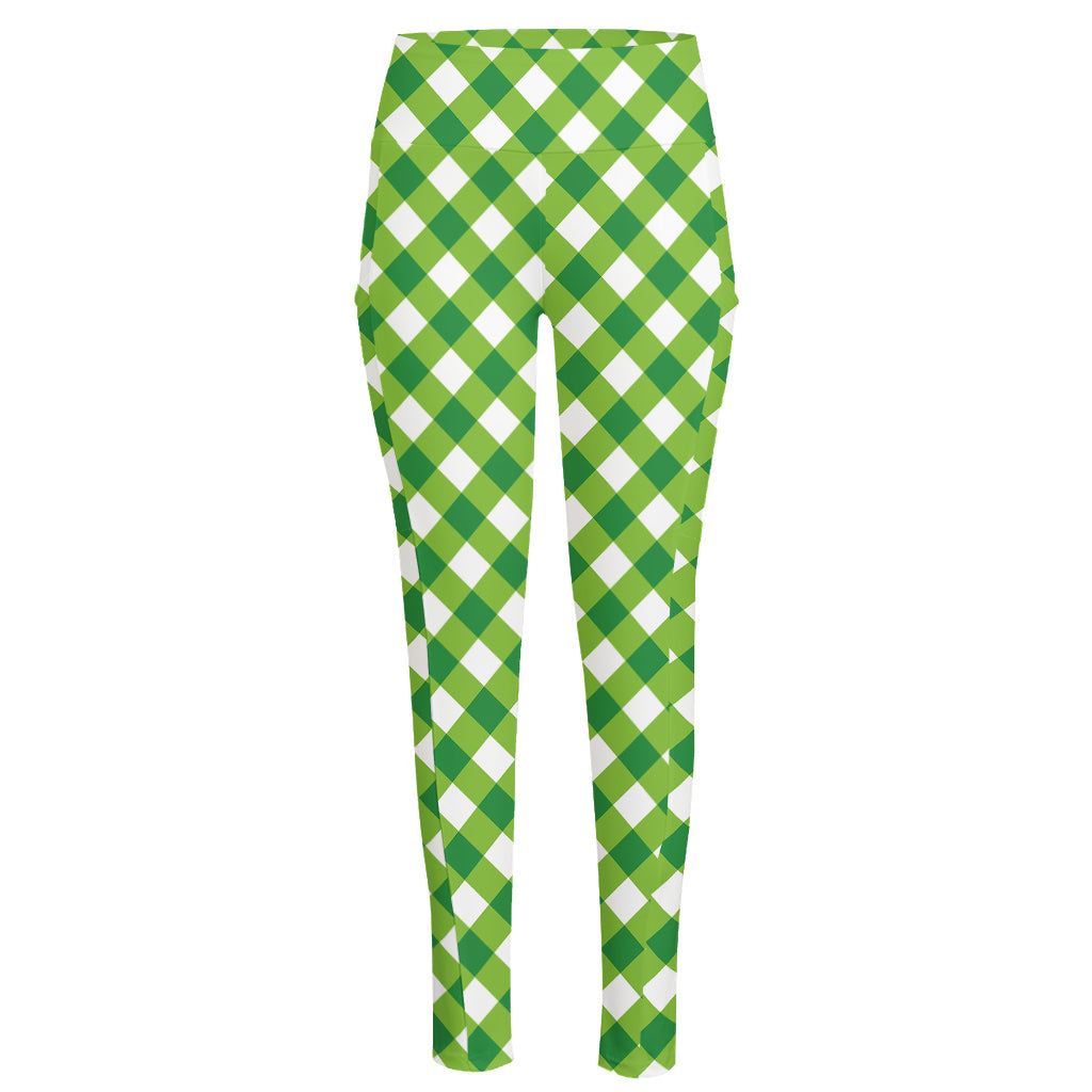 Shamrock Green And White Gingham Print High-Waisted Pocket Leggings