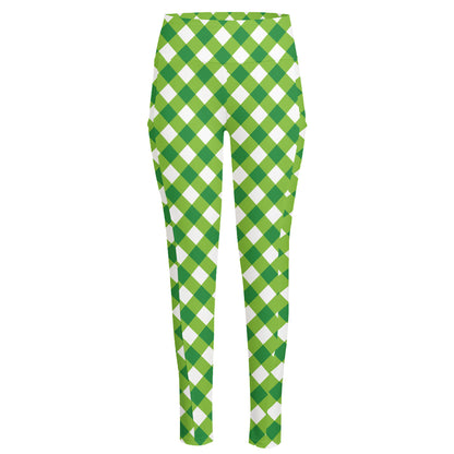 Shamrock Green And White Gingham Print High-Waisted Pocket Leggings