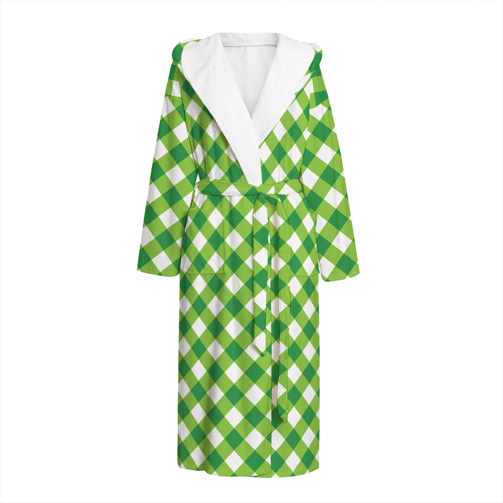 Shamrock Green And White Gingham Print Hooded Bathrobe