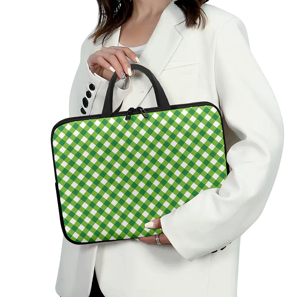 Shamrock Green And White Gingham Print Laptop Sleeve With Handle