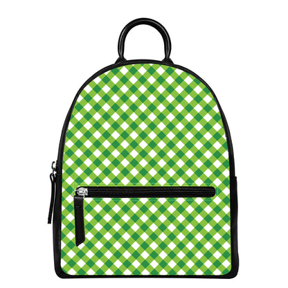 Shamrock Green And White Gingham Print Leather Backpack