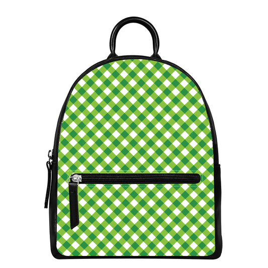 Shamrock Green And White Gingham Print Leather Backpack