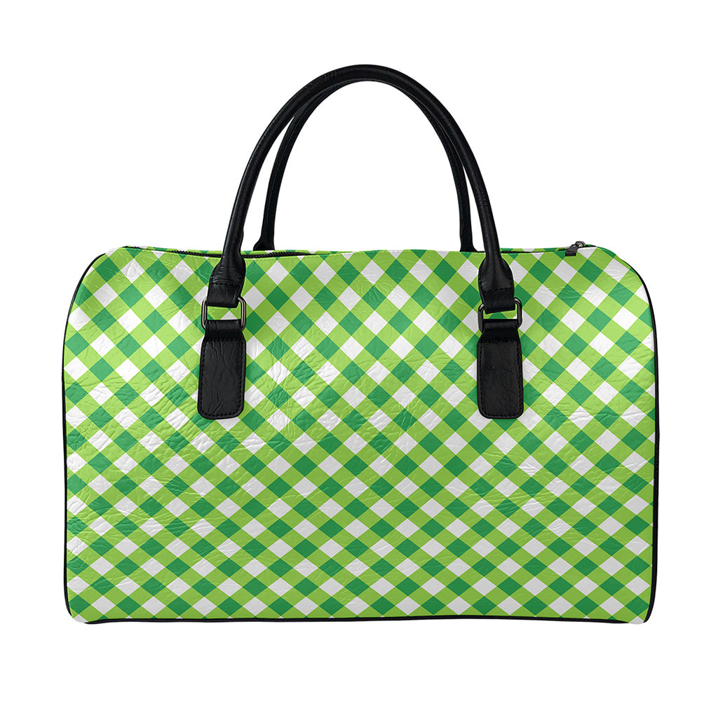 Shamrock Green And White Gingham Print Leather Duffle Bag