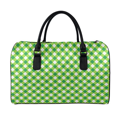 Shamrock Green And White Gingham Print Leather Duffle Bag