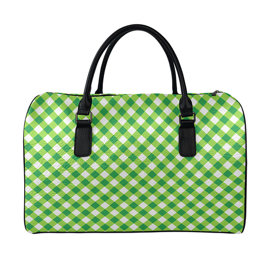 Shamrock Green And White Gingham Print Leather Duffle Bag