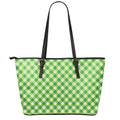 Shamrock Green And White Gingham Print Leather Tote Bag With Zipper