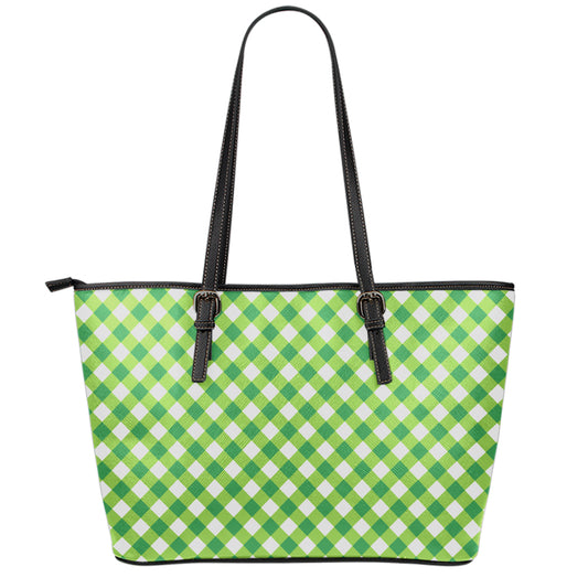 Shamrock Green And White Gingham Print Leather Tote Bag