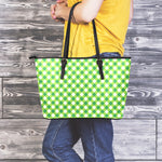 Shamrock Green And White Gingham Print Leather Tote Bag