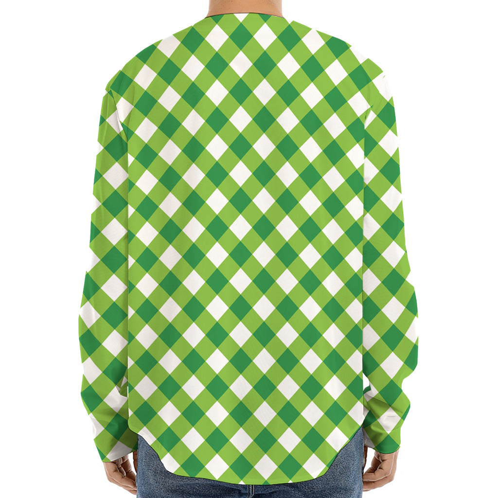 Shamrock Green And White Gingham Print Long Sleeve Baseball Jersey