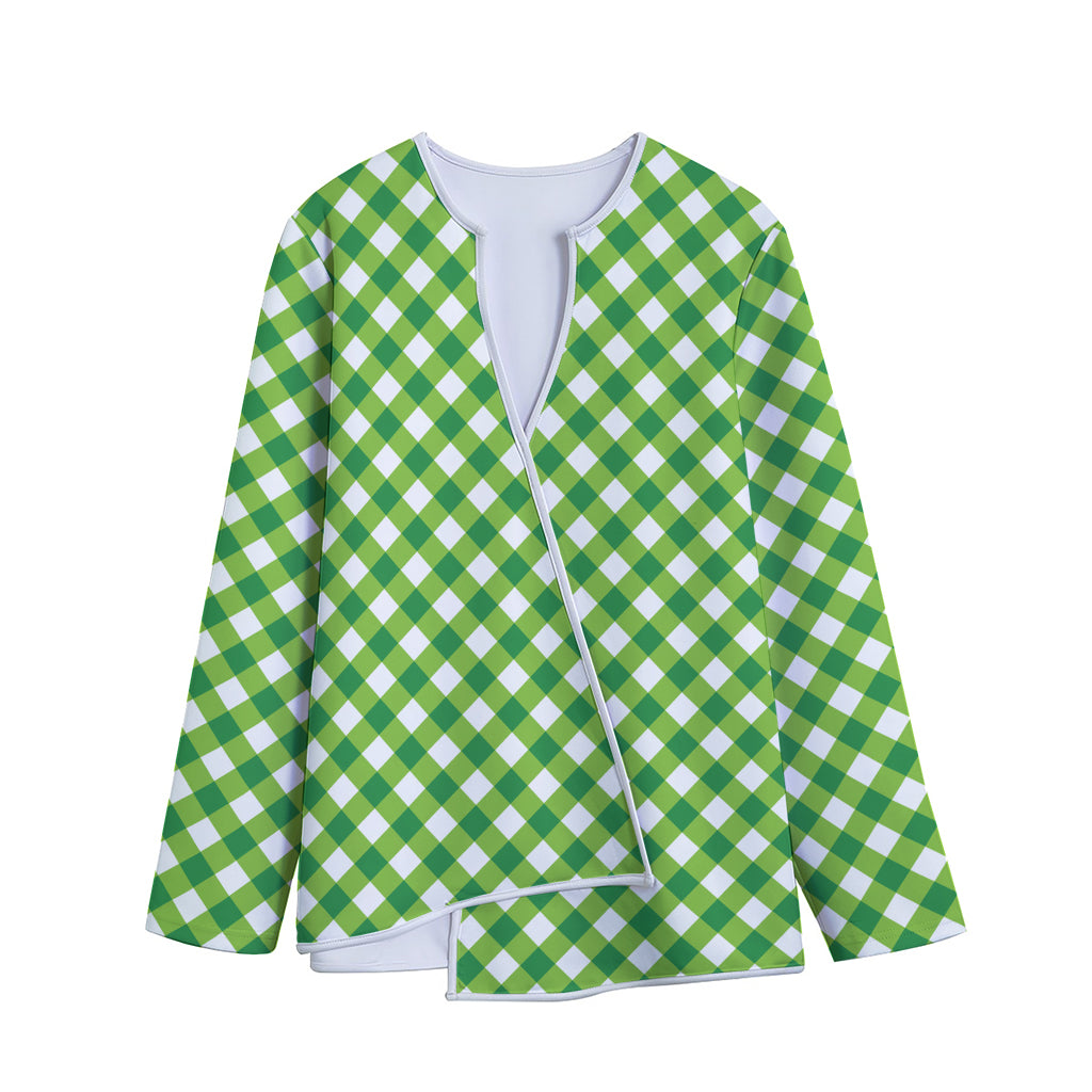 Shamrock Green And White Gingham Print Long Sleeve Short Coat