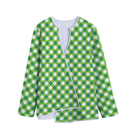 Shamrock Green And White Gingham Print Long Sleeve Short Coat