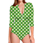 Shamrock Green And White Gingham Print Long Sleeve Swimsuit
