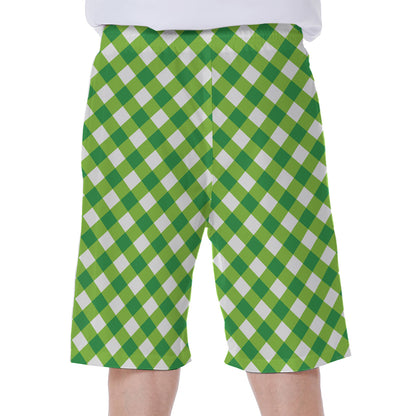 Shamrock Green And White Gingham Print Men's Beach Shorts