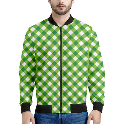 Shamrock Green And White Gingham Print Men's Bomber Jacket