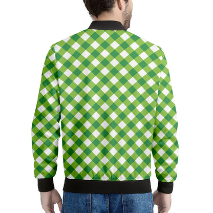 Shamrock Green And White Gingham Print Men's Bomber Jacket