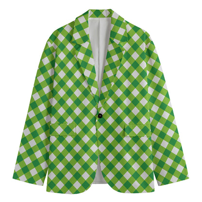 Shamrock Green And White Gingham Print Men's Cotton Blazer