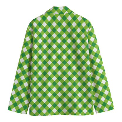 Shamrock Green And White Gingham Print Men's Cotton Blazer