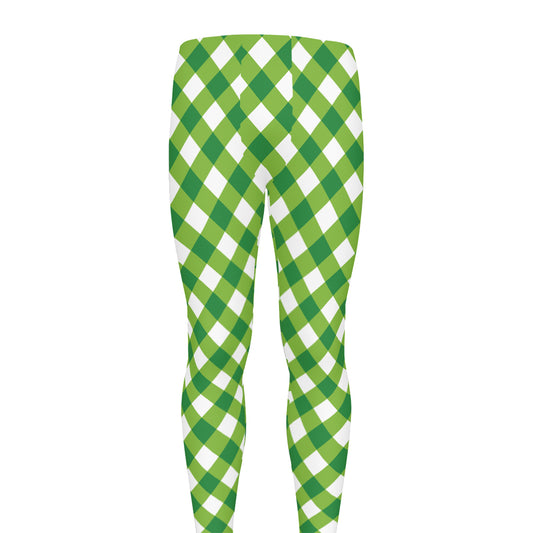 Shamrock Green And White Gingham Print Men's leggings