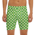 Shamrock Green And White Gingham Print Men's Long Boxer Briefs