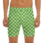 Shamrock Green And White Gingham Print Men's Long Boxer Briefs