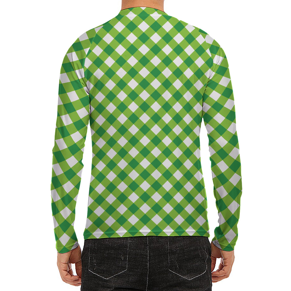 Shamrock Green And White Gingham Print Men's Long Sleeve Rash Guard