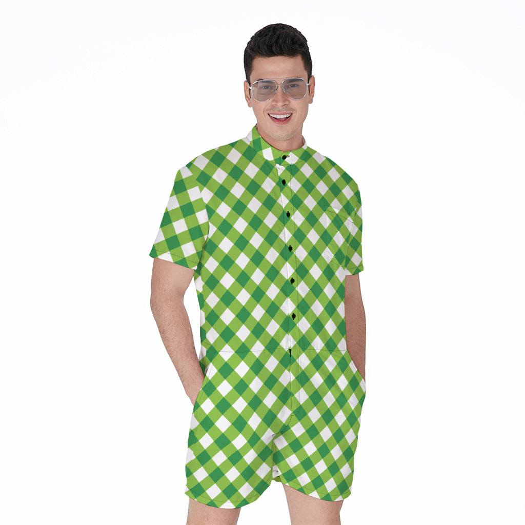 Shamrock Green And White Gingham Print Men's Rompers