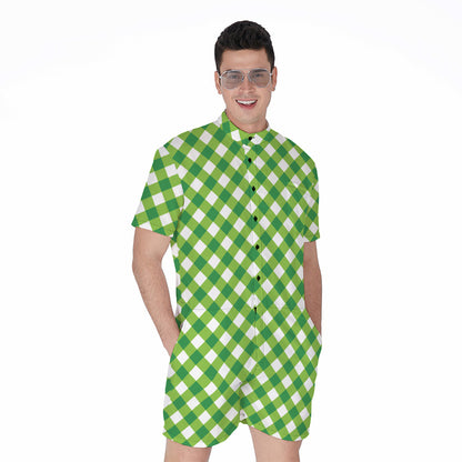 Shamrock Green And White Gingham Print Men's Rompers