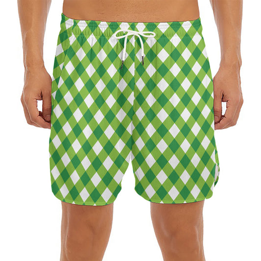 Shamrock Green And White Gingham Print Men's Split Running Shorts