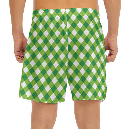 Shamrock Green And White Gingham Print Men's Split Running Shorts