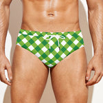 Shamrock Green And White Gingham Print Men's Swim Briefs