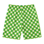 Shamrock Green And White Gingham Print Men's Swim Trunks