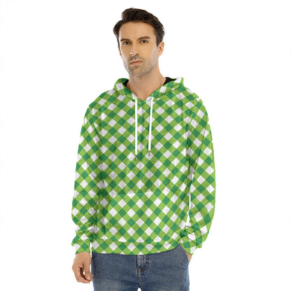 Shamrock Green And White Gingham Print Men's Velvet Pullover Hoodie