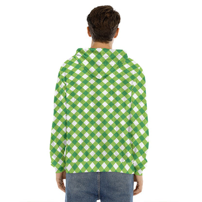 Shamrock Green And White Gingham Print Men's Velvet Pullover Hoodie