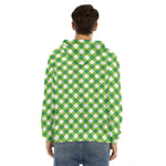 Shamrock Green And White Gingham Print Men's Velvet Pullover Hoodie