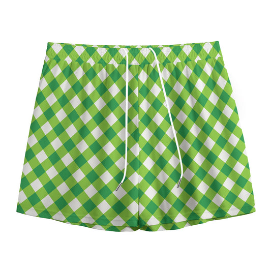 Shamrock Green And White Gingham Print Mesh Shorts
