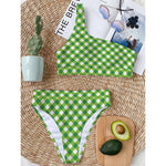 Shamrock Green And White Gingham Print One Shoulder Bikini Top