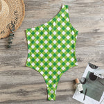 Shamrock Green And White Gingham Print One Shoulder Bodysuit