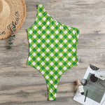 Shamrock Green And White Gingham Print One Shoulder Bodysuit