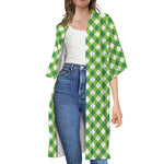Shamrock Green And White Gingham Print Open Front Beach Cover Up