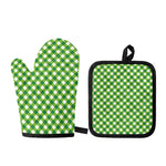 Shamrock Green And White Gingham Print Oven Mitt And Pot Holder Set
