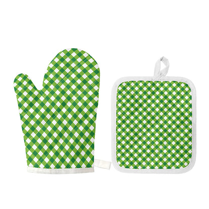 Shamrock Green And White Gingham Print Oven Mitt And Pot Holder Set