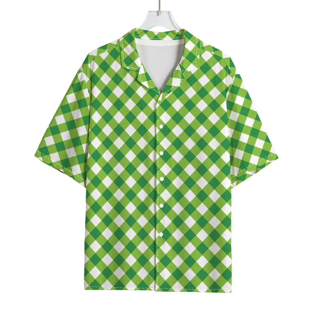Shamrock Green And White Gingham Print Rayon Hawaiian Shirt