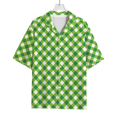 Shamrock Green And White Gingham Print Rayon Hawaiian Shirt