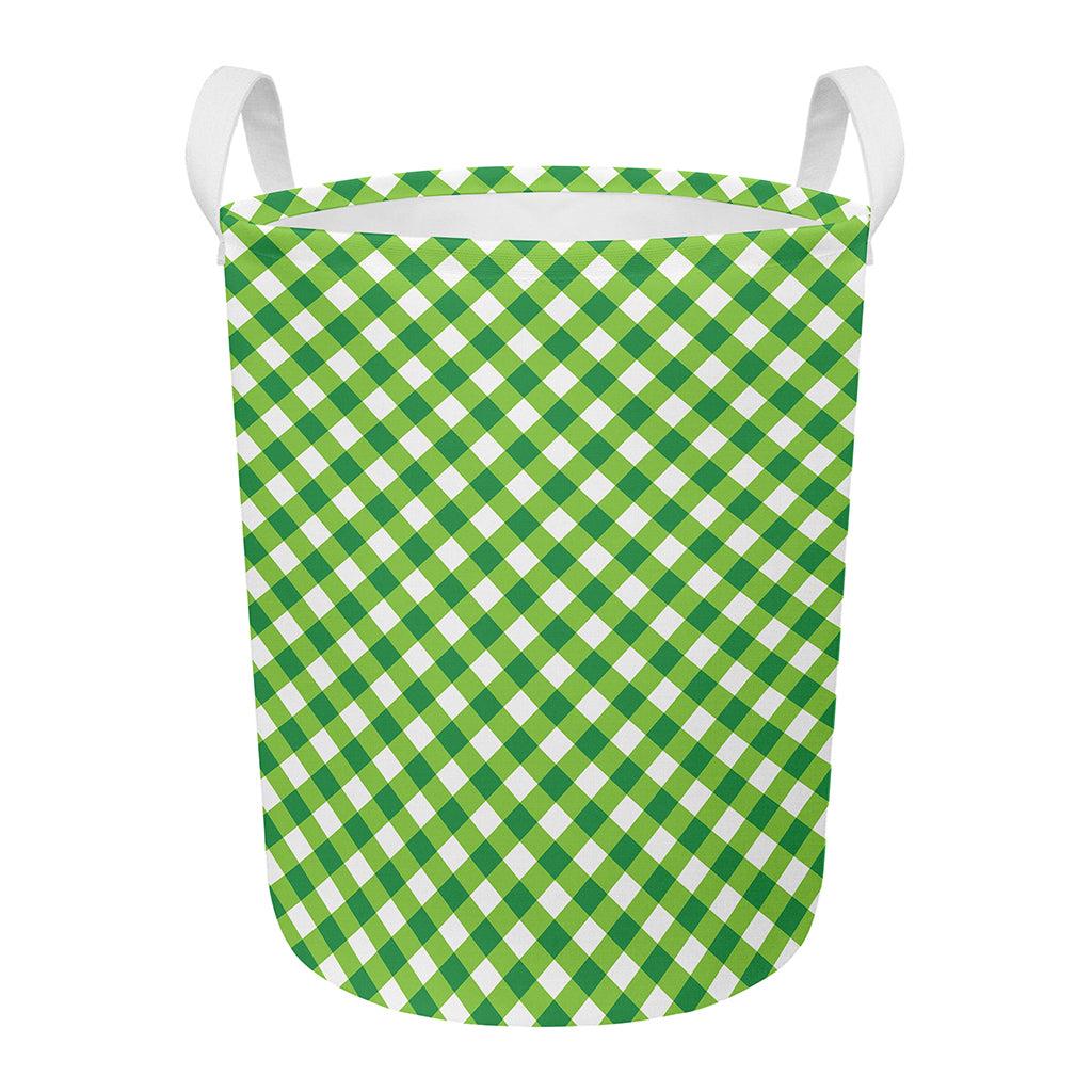 Shamrock Green And White Gingham Print Round Laundry Basket