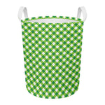 Shamrock Green And White Gingham Print Round Laundry Basket