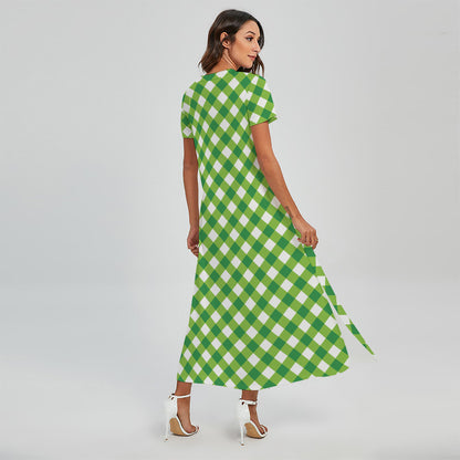 Shamrock Green And White Gingham Print Short Sleeve Maxi Dress