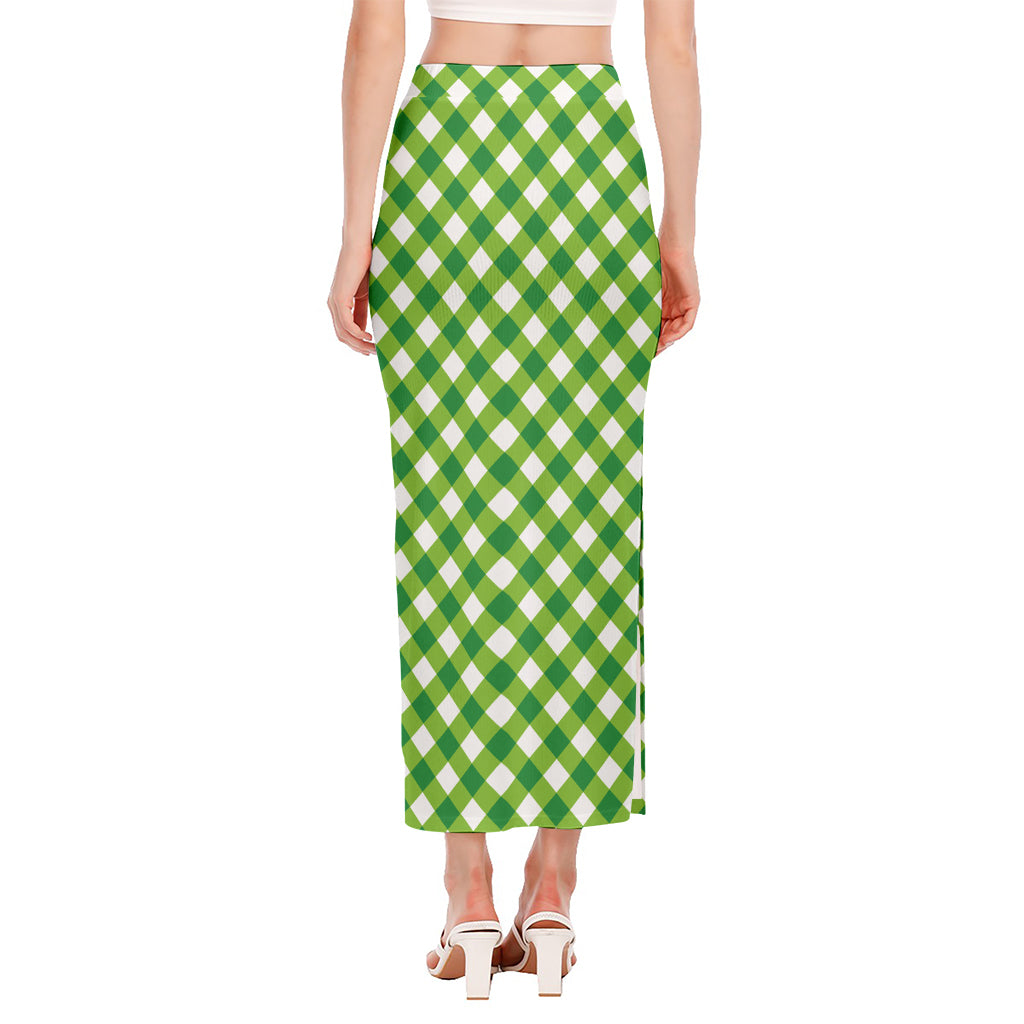 Shamrock Green And White Gingham Print Side Slit Maxi Skirt