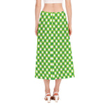Shamrock Green And White Gingham Print Side Slit Midi Skirt