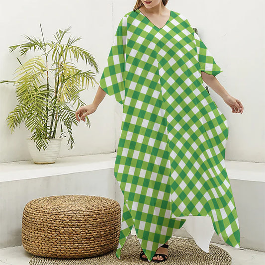 Shamrock Green And White Gingham Print Silk V-Neck Kaftan Dress